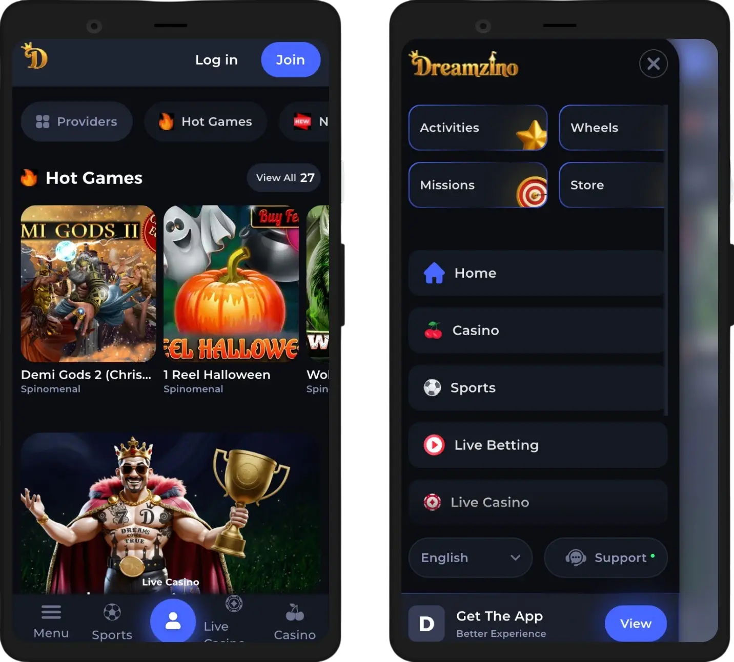 Mobile version of Dreamzino casino app on a smartphone screen