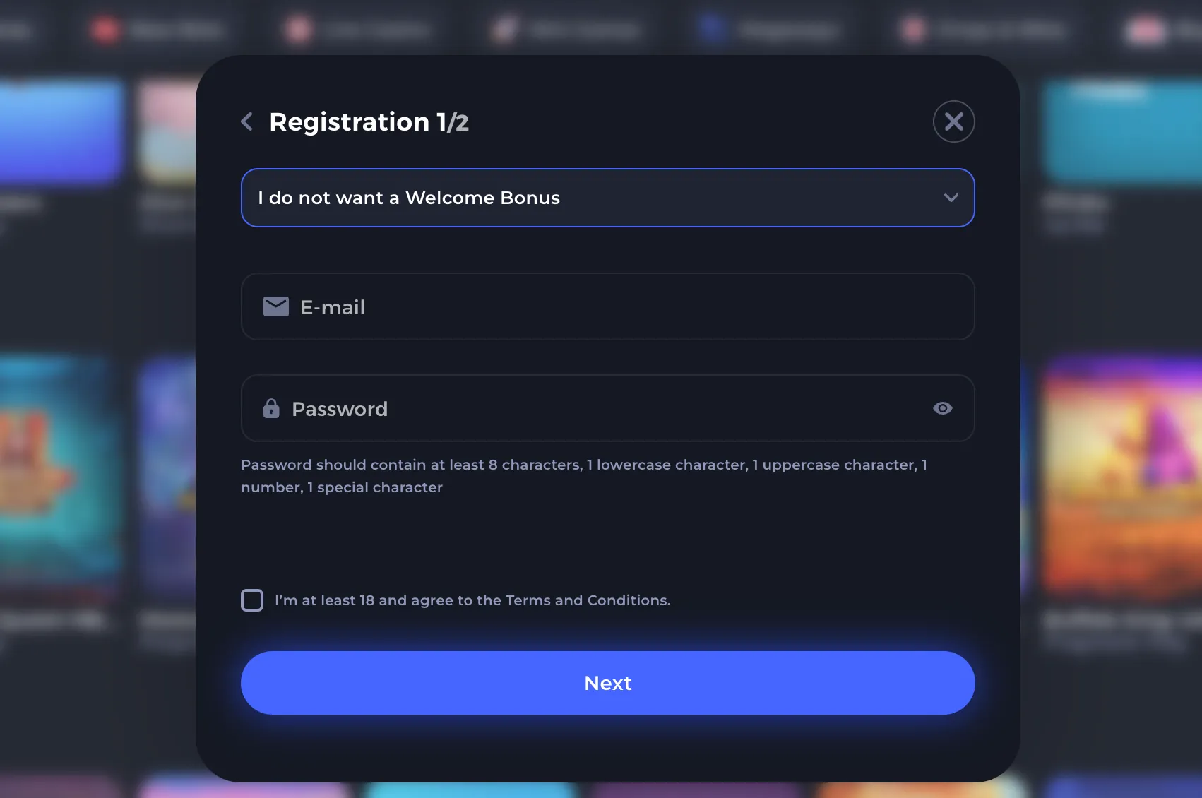 Dreamzino casino sign-up and registration form interface