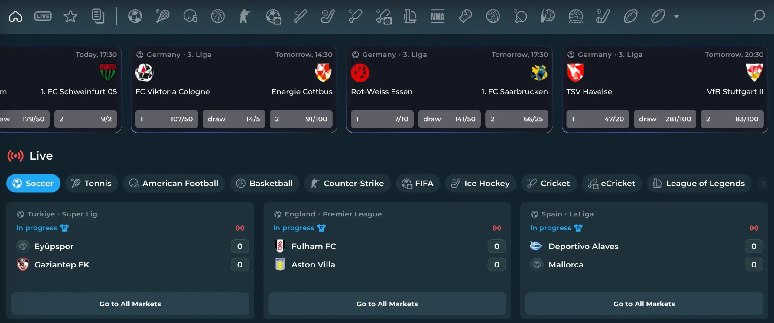 Sports betting section and sportsbook interface at Dreamzino
